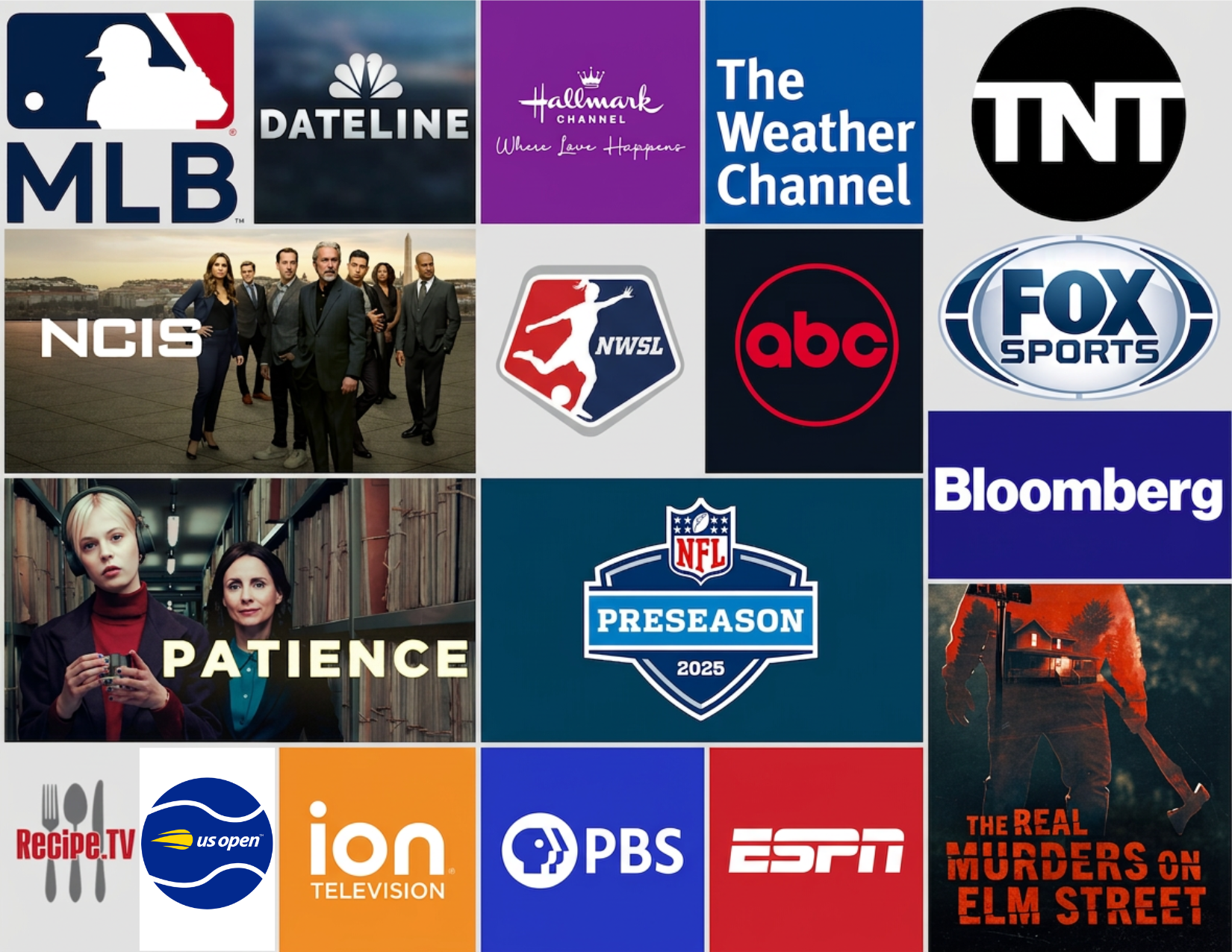 Sync placement logos including Fox Sports, NCIS, Dateline, ESPN, PBS, NFL Preseason, ABC, TNT, MLB, Bloomberg, Hallmark Channel, and more